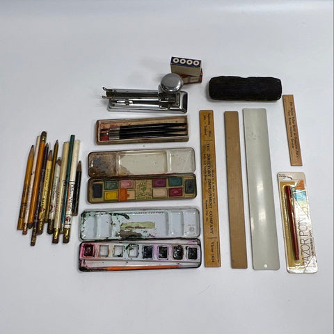 Vintage Advertising Office Supply Lot Pencils Rulers Stapler Disney Prang 25+ Pc