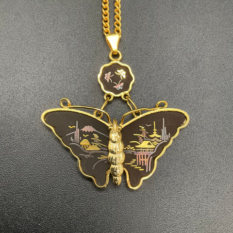 Vintage Japanese Damascene Butterfly Necklace & Earrings Set 24K Gold Inlay