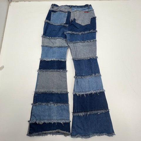 Vintage Y2K Zana Di Blue Patchwork Raw Hem Flare Bell Bottom Jeans Women's 7