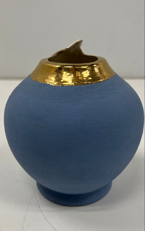 Vintage Blue Ceramic Art Pottery Vase Gold Gilded Rim Leaf Motif 8 Inch