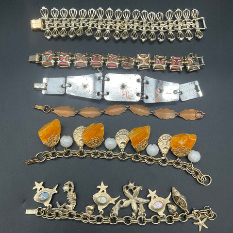 Vintage Monet Signed & Retro Jewelry Lot 7 Bracelets Nautical Faux Pearl Leaf