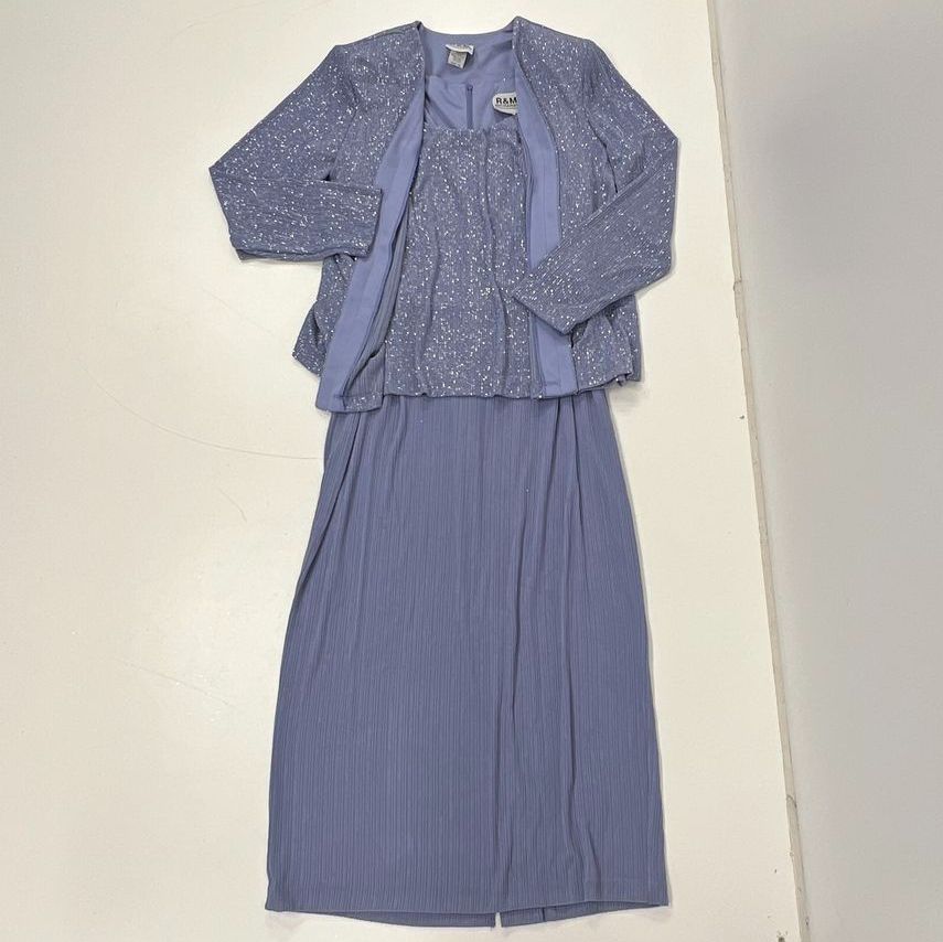 Vintage R&M Richards Periwinkle Sparkle 2-Piece Dress & Jacket Set Sz 16