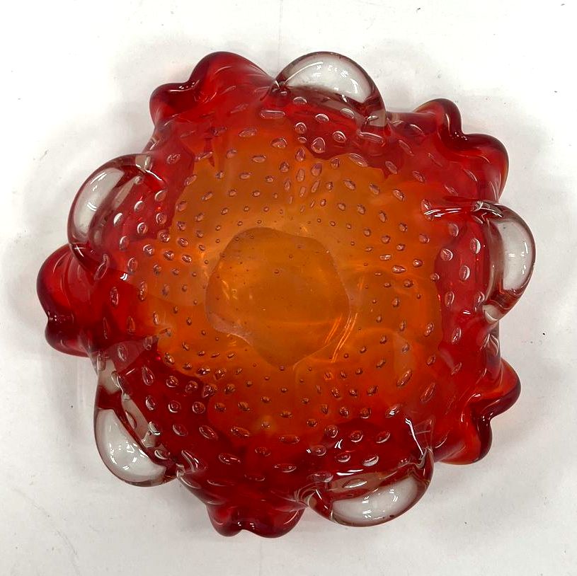 Collectible Red Orange Sunburst Murano Hand Blown Glass Art Shallow Dish