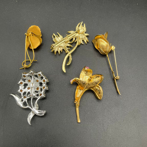 Vintage Floral Costume Jewelry Brooch Lot of 5 Gold Silver Tone Rhinestone