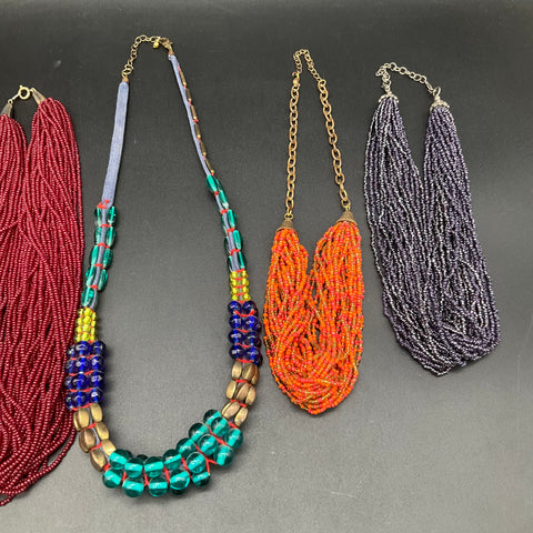 Bohemian Costume Jewelry Lot of 6 Necklaces Multi-Strand Seed Bead Glass Wood