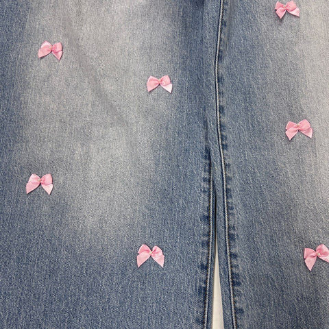 Juicy Couture Womens Blue Wide Leg Jeans Pink Bow Applique Pearl Detail NWT Sz 3