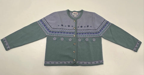 Vintage 90s Tally Ho Women's Sage Green Purple Floral Wool Cardigan Sweater XL