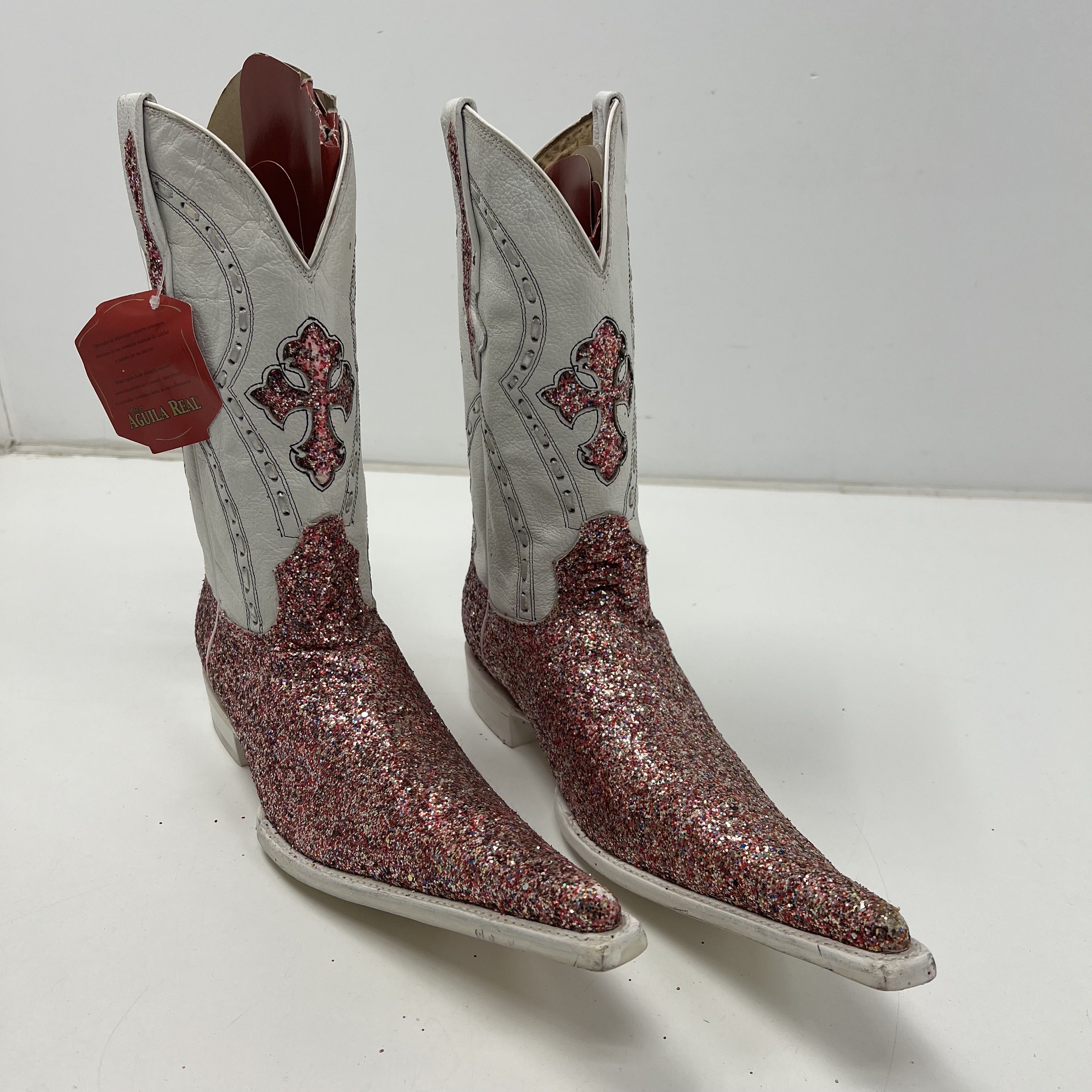 Aguila Real White Red Glitter Cross Pointed Toe Cowboy Boots Mens Size 9