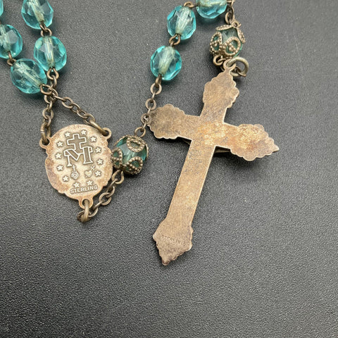 Vintage Religious Lot Sterling Silver 3 Items Blue Glass Rosary AB Cross