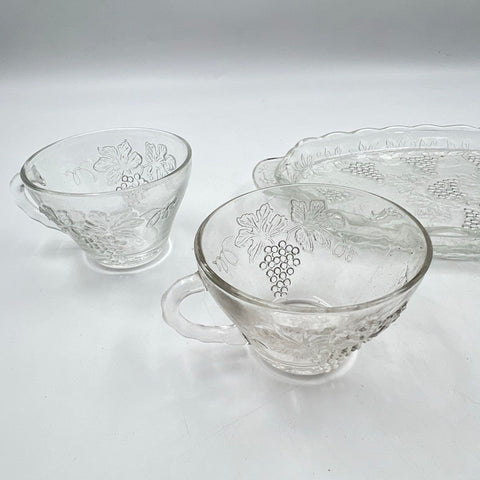 Anchor Hocking Vintage Snack Set 6 Piece Grape Leaf Clear Glass Trays & Cups