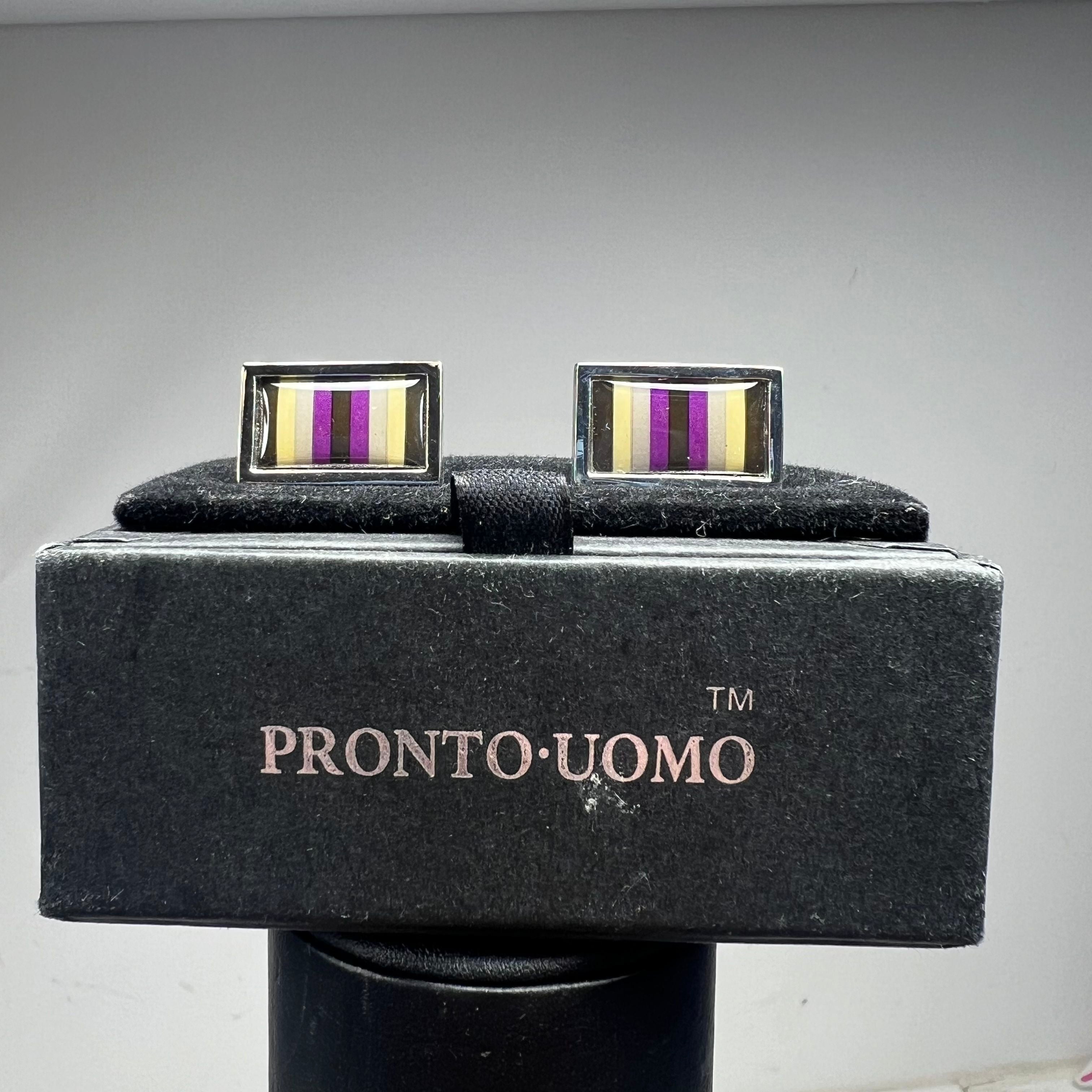 Pronto Uomo Rectangular Silver Tone Purple Stripes Cuff Links IOB