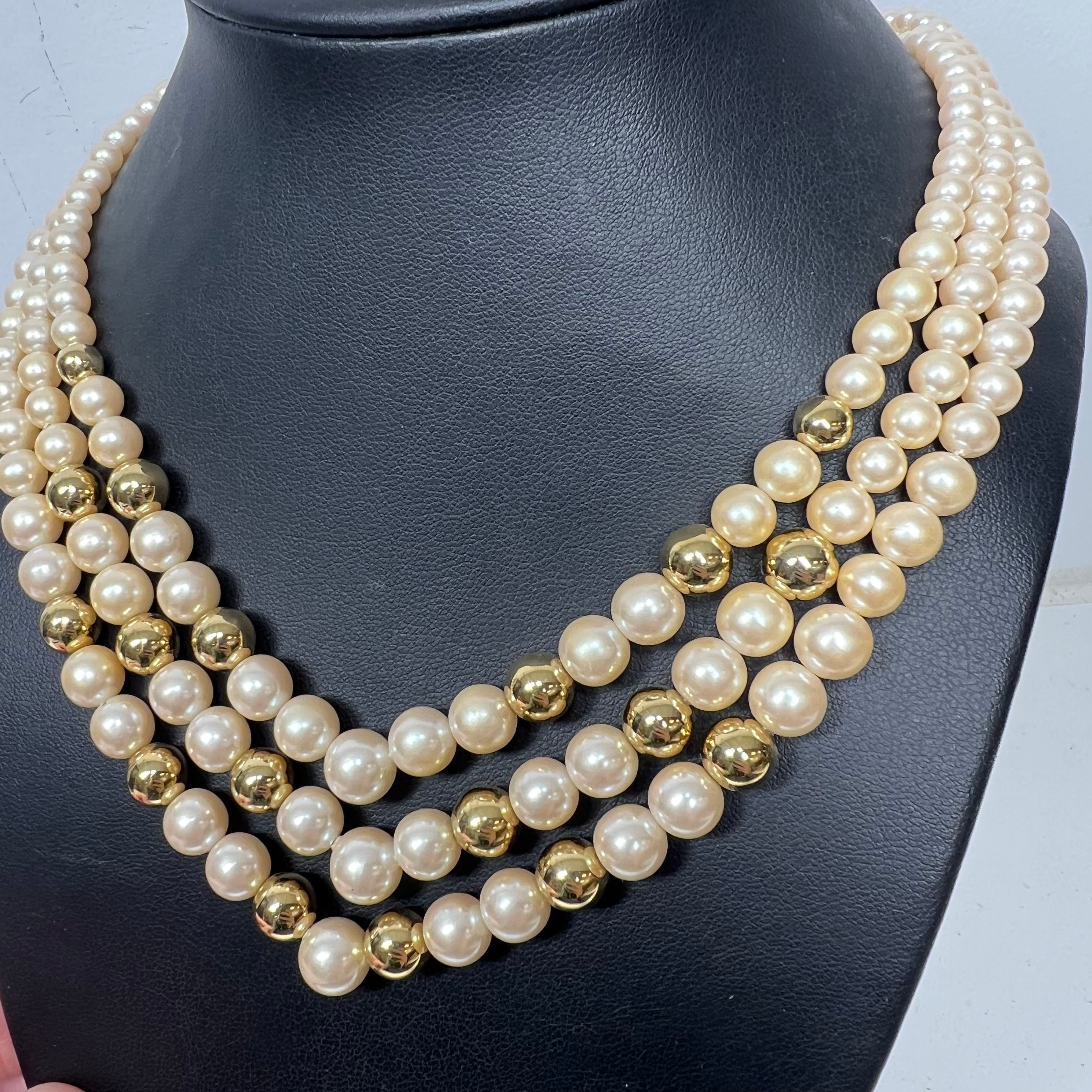 Richelieu Multi Strand Pearl and Gold Tone Bead Necklace