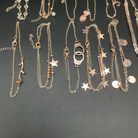 Rose Gold Tone Costume Anklet Jewelry Lot of 11 Pineapple Star Heart Handcuff