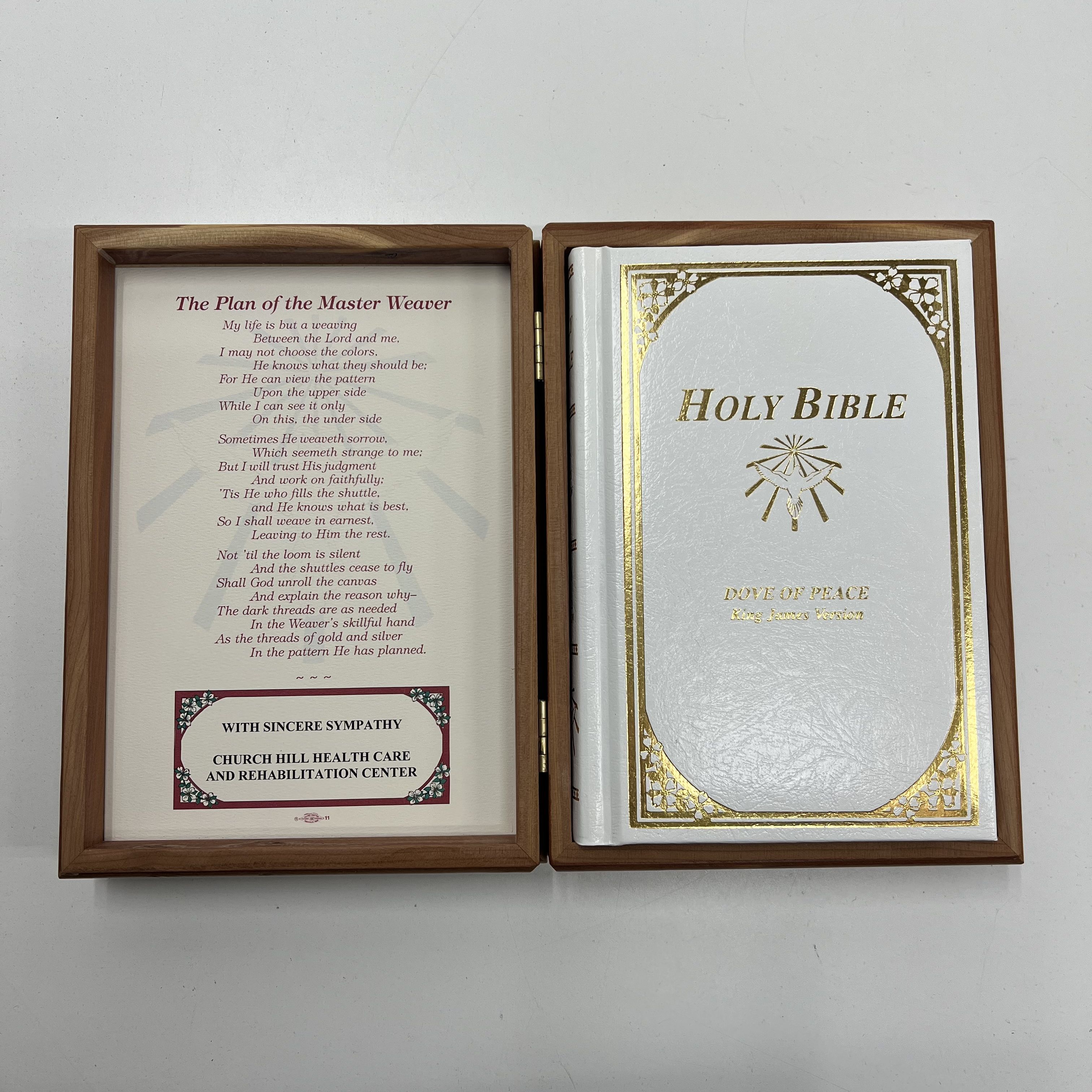 Holy Bible KJV Dove of Peace Ed in Engraved Montana Wood Presentation Box Case