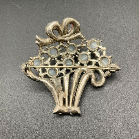 Vintage Retro Pot Metal Faux Moonstone Rhinestone Flower Basket Brooch Pin