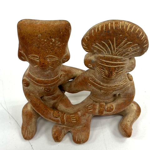 Vintage Pre-Columbian Style Terracotta Figurine Seated Couple Sculpture 4.5"W