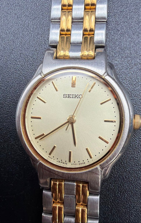 Seiko V701-2B90 Two Tone Stainless Steel Ladies Quartz Watch 6.5" New Battery