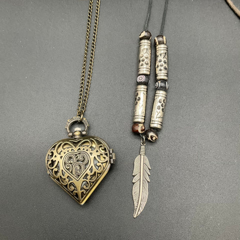 Boho Artisan Jewelry Lot 6 Necklaces Heart Locket Watch Ocarina Fish Horn