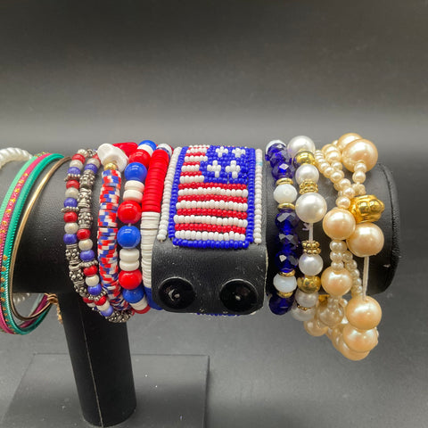 Vintage & Modern Bracelet Lot of 30 Faux Pearl Bangle Beaded USA Patriotic Skull