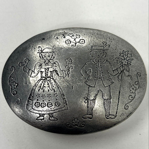 Rein Zinn Pewter Trinket Box German Folk Art Boy Girl Etched Scene Vintage
