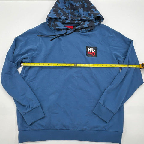 HUGO Men's Blue Hoodie Camo Lined Hood Logo Patch Pullover Sweatshirt Sz XL
