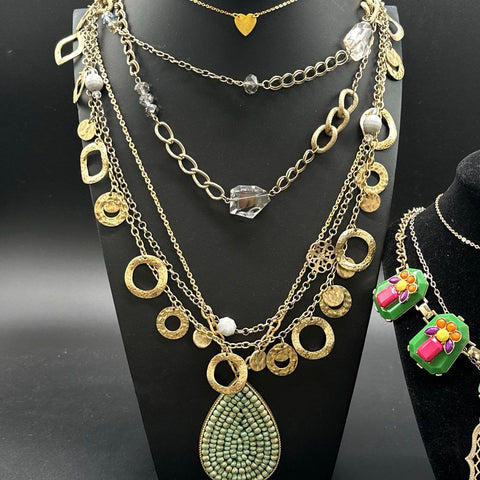 Gold Tone Necklace Jewelry Lot of 10 Boho Geometric Faux Pearl Statement Styles