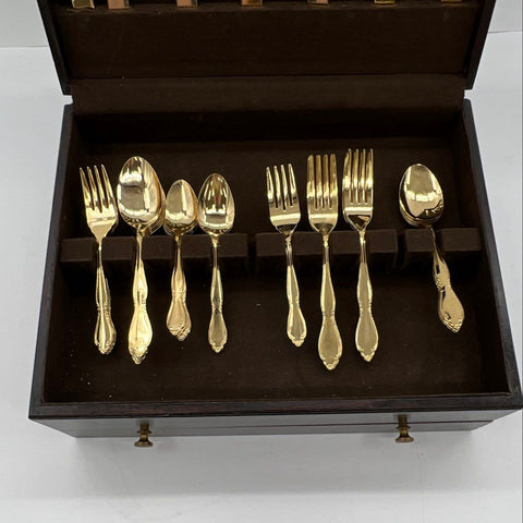 Custom Craft Gold Tone Stainless Flatware 34pc Lot Japan Floral Pattern Vintage
