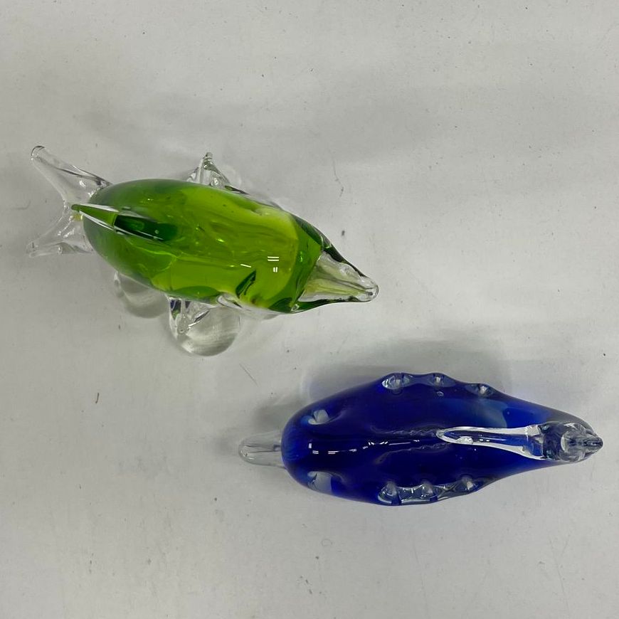 Vintage Murano Style Art Glass Dolphin Figurines Lot 2 Cobalt Blue Lime Green