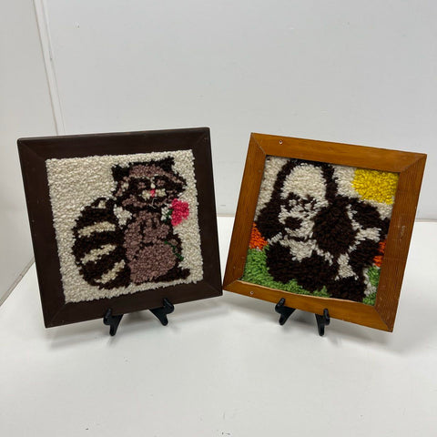 Vintage 70s Latch Hook Framed Wall Art Lot Raccoon & Panda Bear Folk Art