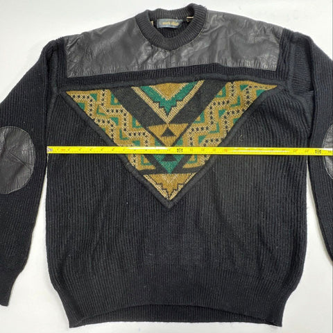 Vintage 90s Mark Elliot Men's Black Sweater Leather Trim Southwestern Sz M