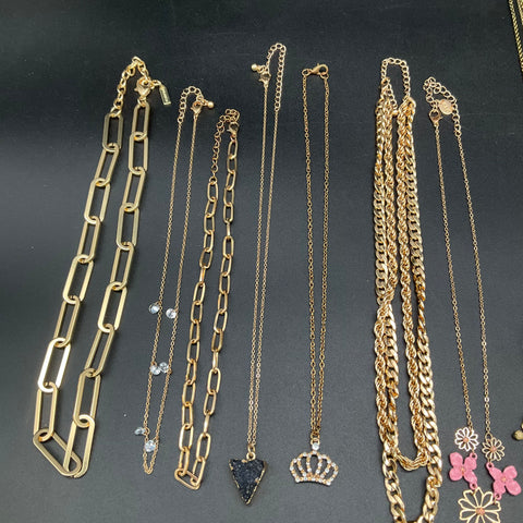 Mixed Costume Jewelry Lot of 12 Necklaces Gold Tone Vintage Style Owl Leaf Bib