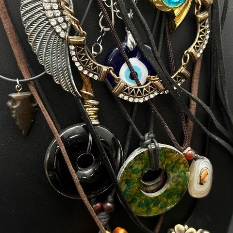 Bohemian Jewelry Lot 15+ Corded Necklaces Stone Resin Glass Evil Eye Turtle