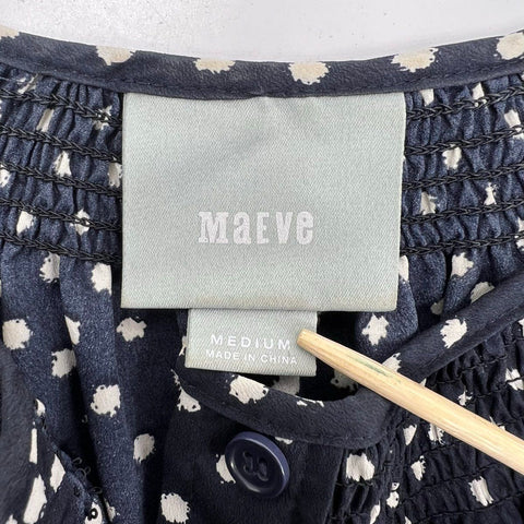 Maeve Navy Blue Polka Dot Long Sleeve Button Front Shirtdress Women's M