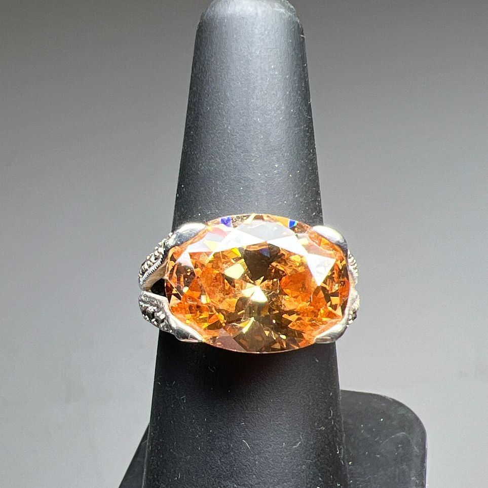 925 Sterling Silver Orange Stone Ring Size 6