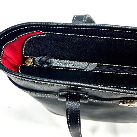 Dooney & Bourke Black Textured Leather Tote Bag Contrast Stitching Red Lining