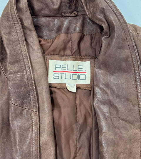 Pelle Studio Vintage Y2K Brown Distressed Long Leather Trench Coat Women's S