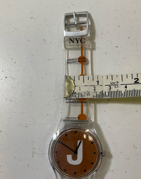 Vintage NYC Subway J Train Unisex Wristwatch Clear Plastic Band Orange Untested