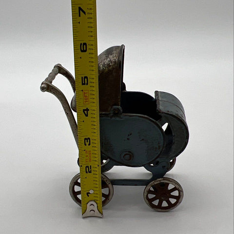 Vintage Cast Iron Miniature Doll Stroller Carriage Blue Paint Spoke Wheels