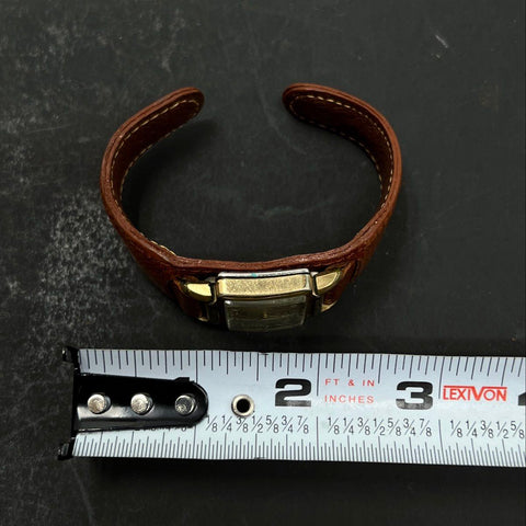 Vintage Elgin Square Case Watch Gold Tone Sub-dial Brown Leather Cuff Band