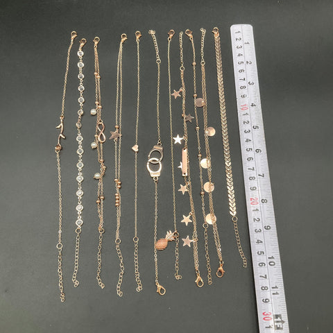 Rose Gold Tone Costume Anklet Jewelry Lot of 11 Pineapple Star Heart Handcuff