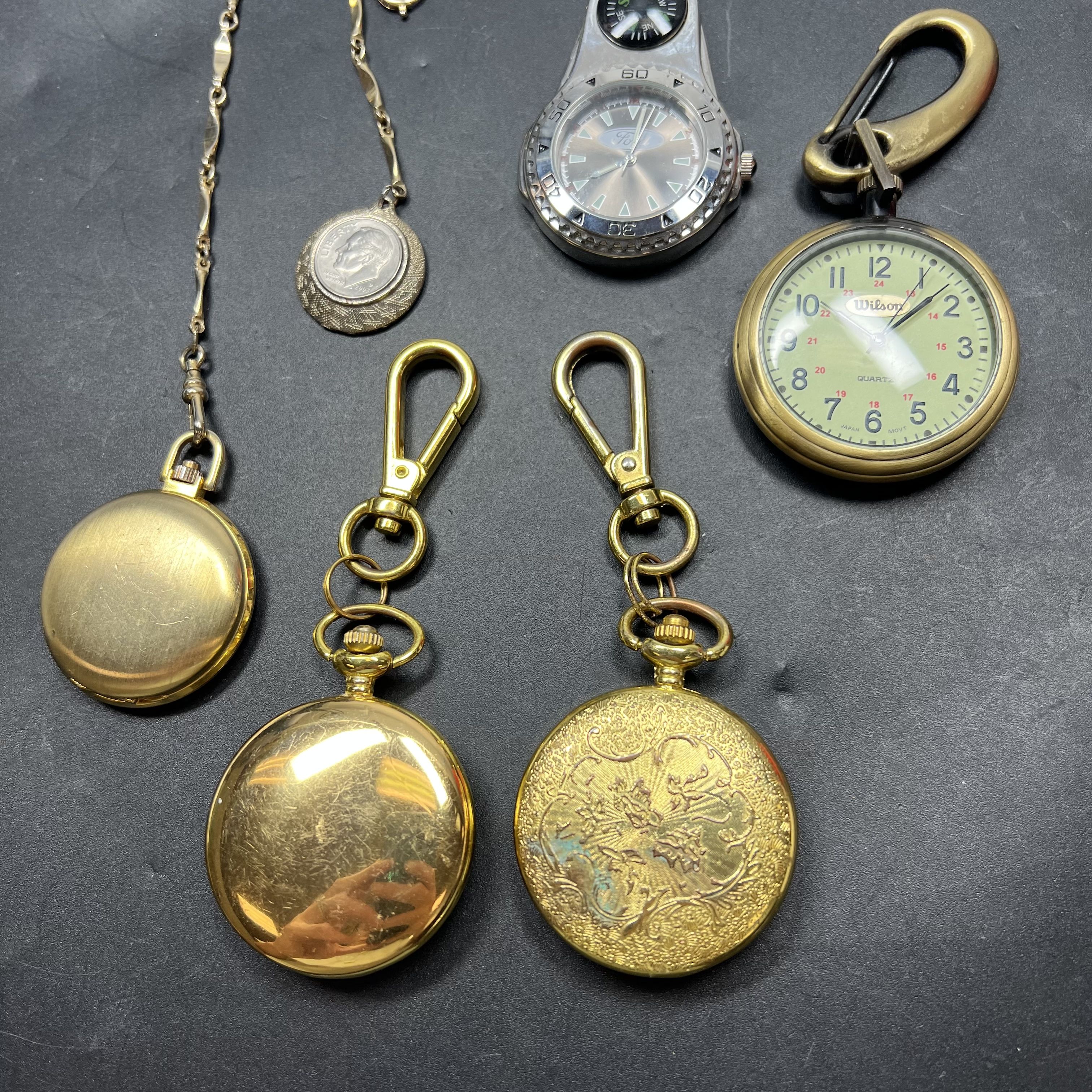 Lot of 5 Pocket Watches Clips Gold Tone Styles Vary UNTESTED