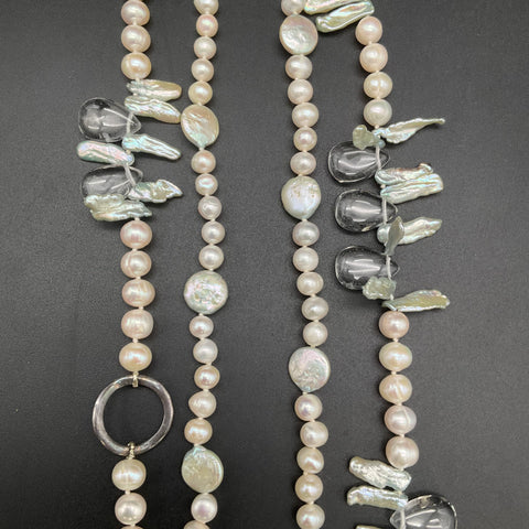 Cultured Pearl Necklace Baroque Stick Coin Pearls Clear Teardrop Dangles 28"