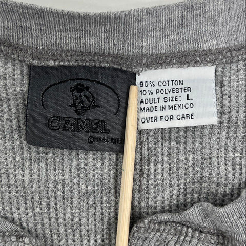 Vintage 90s Camel Waffle Knit Thermal Henley Embroidered Logo Shirt Sz L