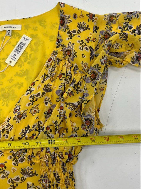 Max Studio Yellow Floral Flutter Sleeve Smocked Midi Dress Women's M NWT