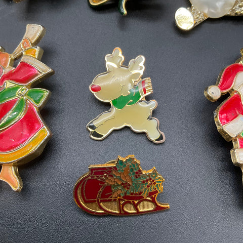 Vintage Christmas Brooches Jewelry Lot of 9 Santa Tree Reindeer Angel Penguin