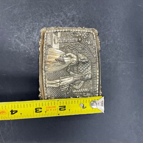 Vintage Silver Tone Courting Couple Repousse Jewelry Box Casket Red Velvet Japan