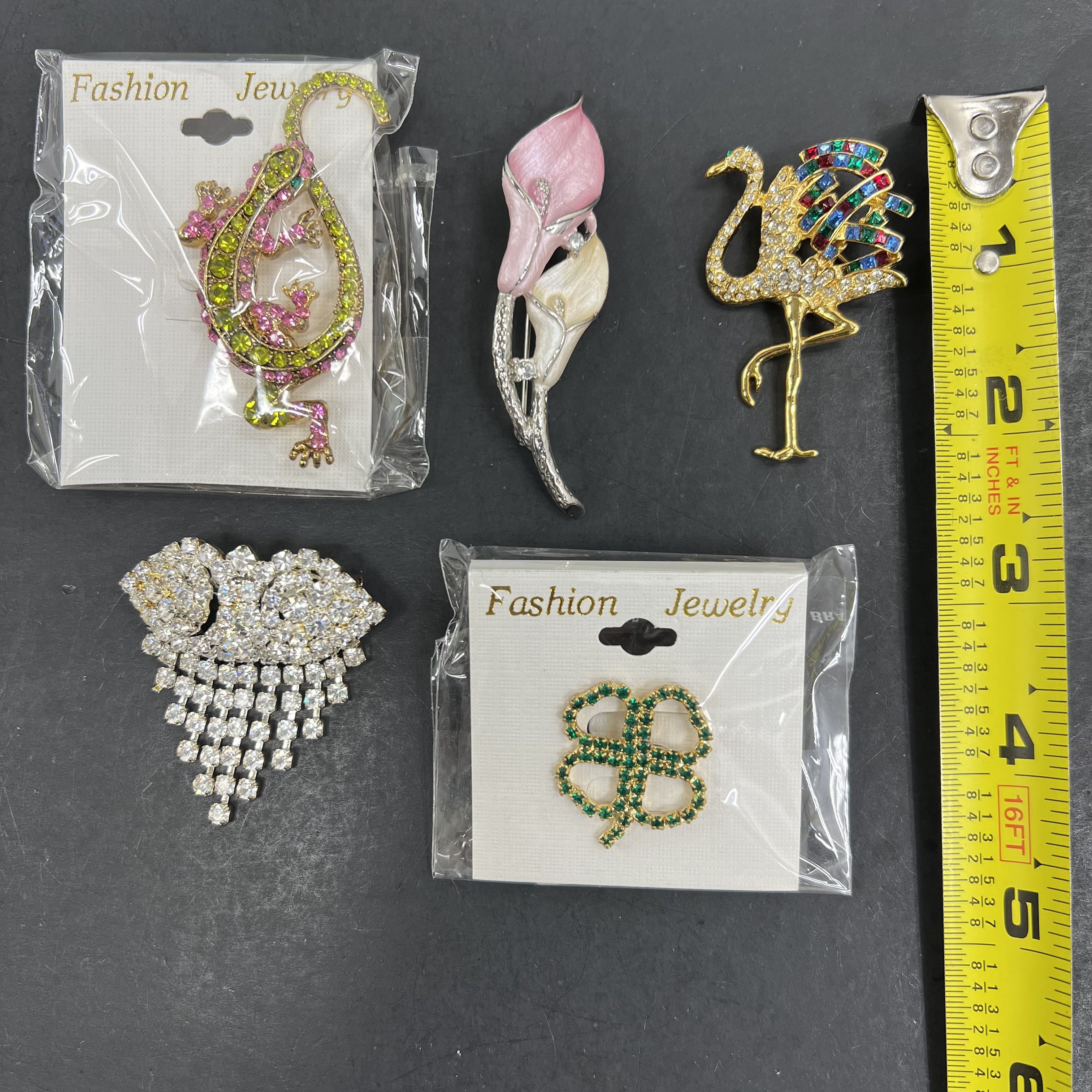 Lot of 5 Bling Bedazzled Brooches Floral Animals Gold Silver Tone Some IOP