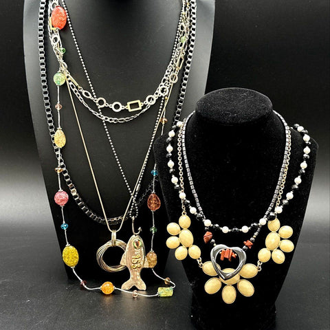 Statement Costume Jewelry Lot 7 Necklaces Fish Pendant Heart Beaded Multi-Strand