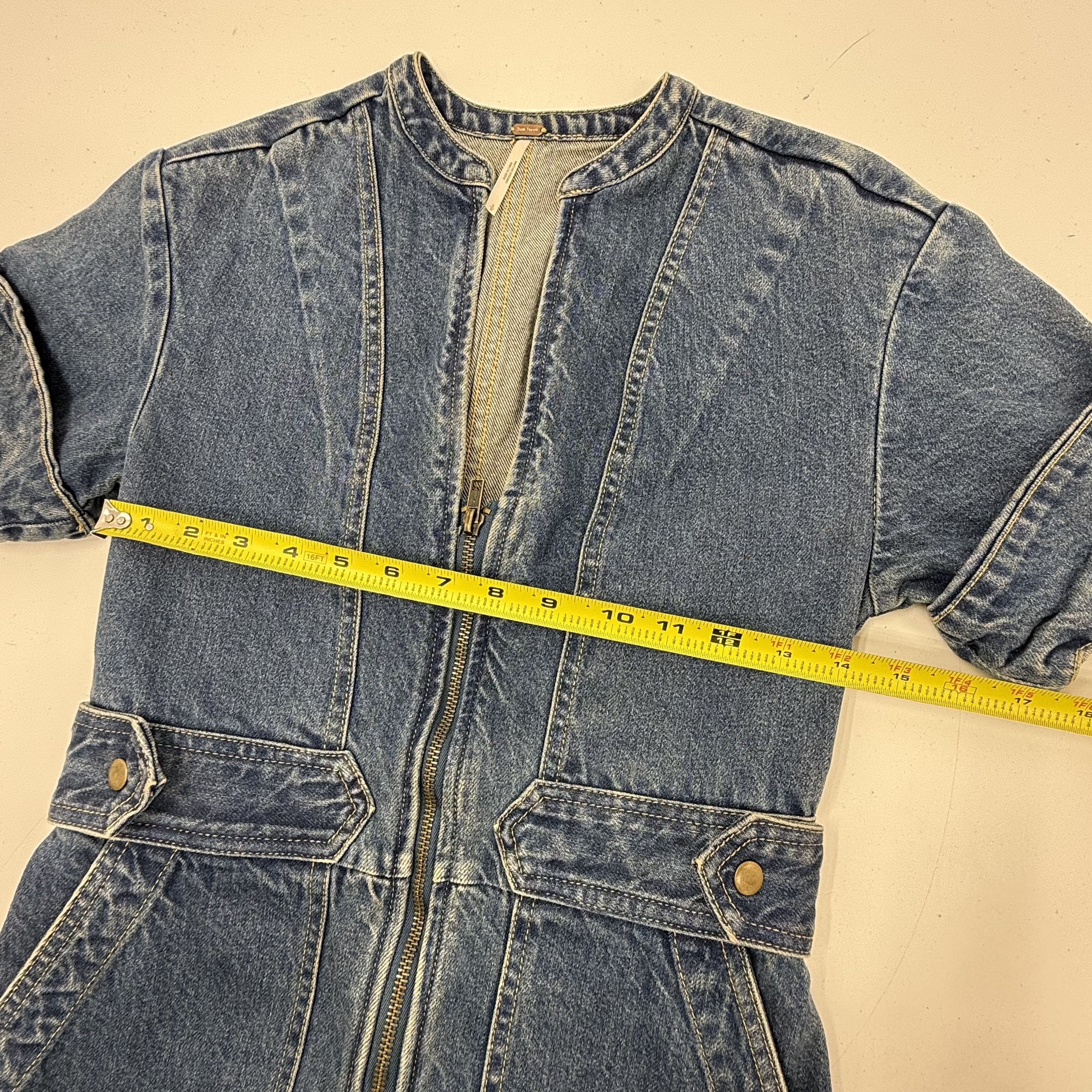 Free People Go West Utility Blue Denim Zip Front Romper Jumpsuit Women's S