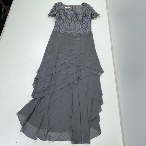 JJ's House Women's Steel Grey Lace Bodice Layered Gown Maxi Dress Size 14 NWT